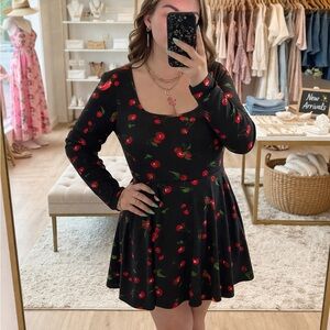 SHEIN Black Long-Sleeve Cherry Print Skater Dress